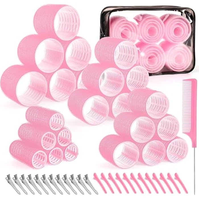 Premify Self-Grip Hair Rollers Set 4 Sizes/50 Pcs with Clips in Pink Color, Jumbo Rollers for Long, Short Hair and Bangs (25mm, 36mm, 48mm, 60mm) - Image 1